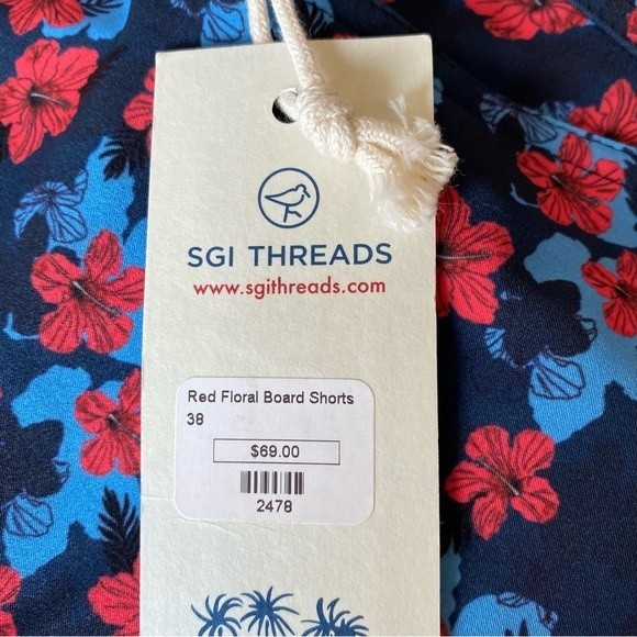 SGI THREADS Board Shorts Swim Trunks Red Floral Tropical Hibiscus Mens NWT - Picture 9 of 10